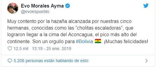Evo Morales tweet praising "Cholitas Escaladoras" after their Aconcagua summit