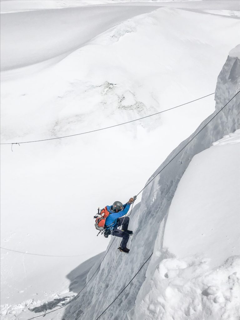 Jumaring up a vertical section between C1 and C2 on Everest South Side.