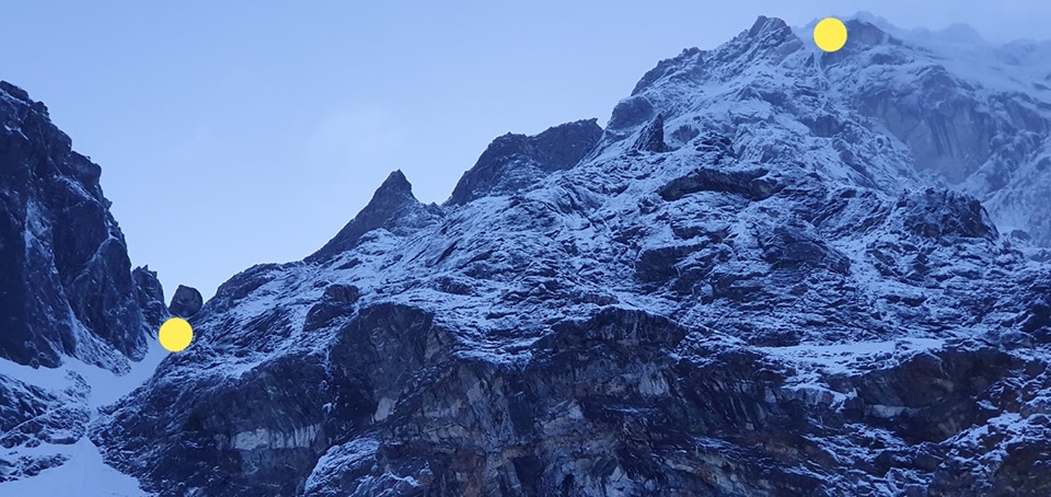 Camp1 and Camp 2 on Langtang Lirung. Image by Adam Bielecki.