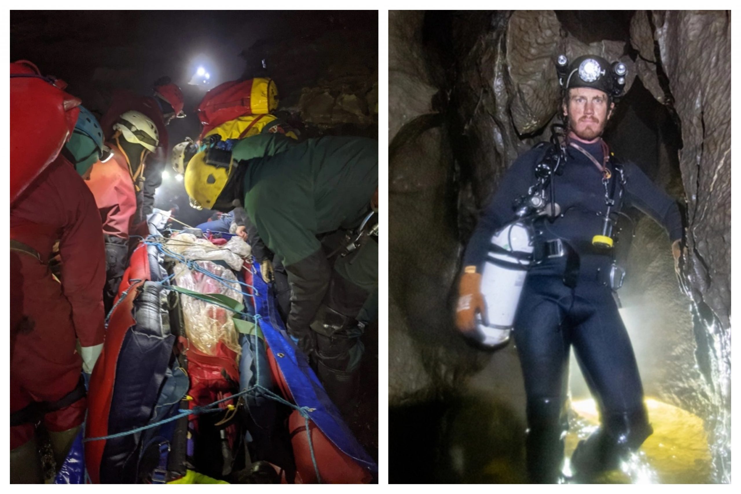 George Linnane (left) was rescued by volunteer cavers (right) in the longest cave recovery operation in Welsh history. Photo: South & Mid Wales Cave Rescue Team