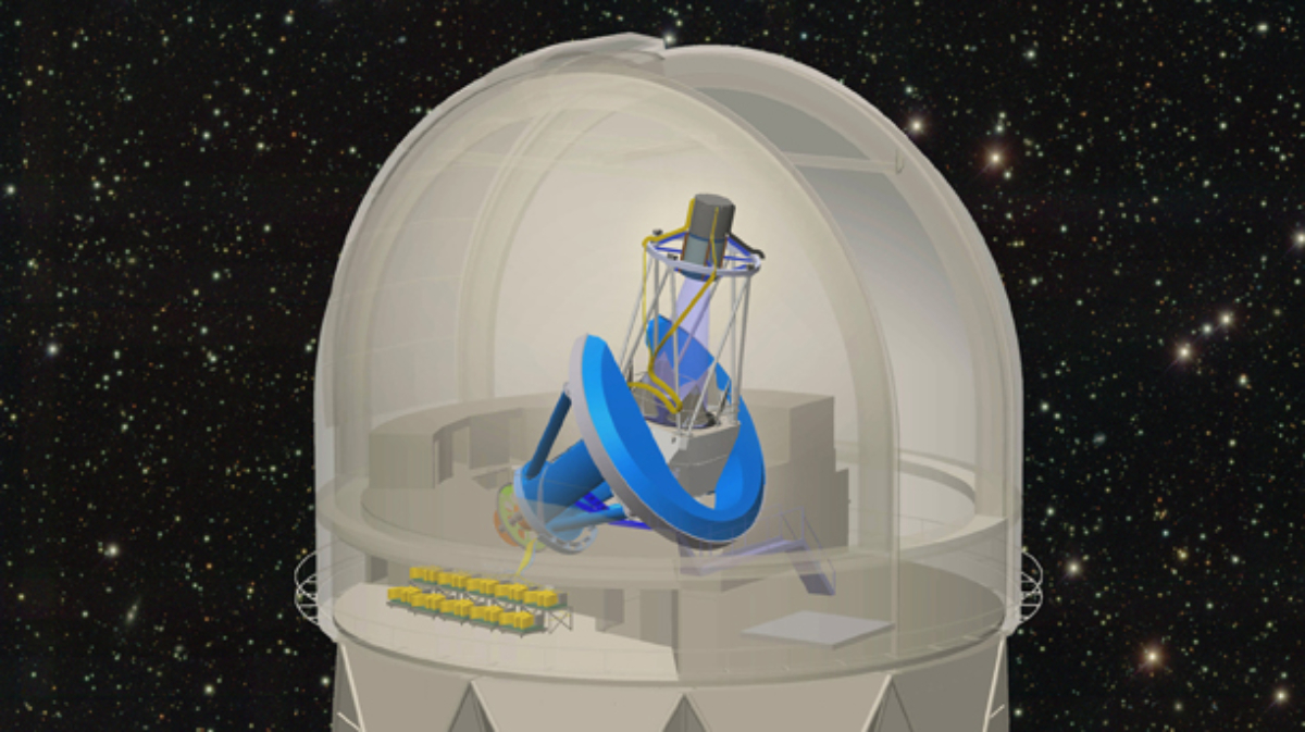 This illustration of DESI in the Mayall Telescope dome shows the focal plane and corrector barrel (dark gray) at the top of the telescope and the spectrographs (shown in yellow) below the telescope. Credit: DESI Collaboration