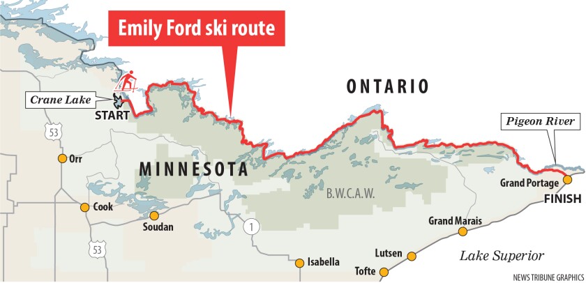 Ford's ski route follows the 320km Boundary Waters route taken by Native Americans. Image: Duluth Tribune