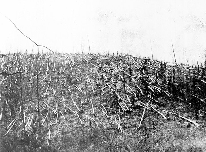 Collapsed trees close to the epicentre of the Tunguska event; the picture was taken by the first scientific expedition by explorer Leonid Kulik. Photo: The epicentre of the Tunguska event, c.1908. Photo: Tungussky Nature Reserve