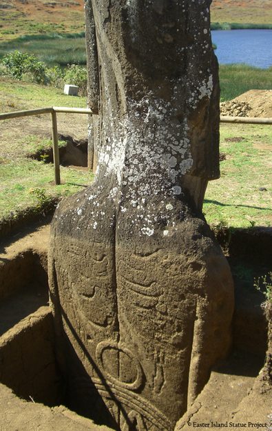 Dorsal view of an excavated moai, circa 2014. Photo: Easter Island Statue Project