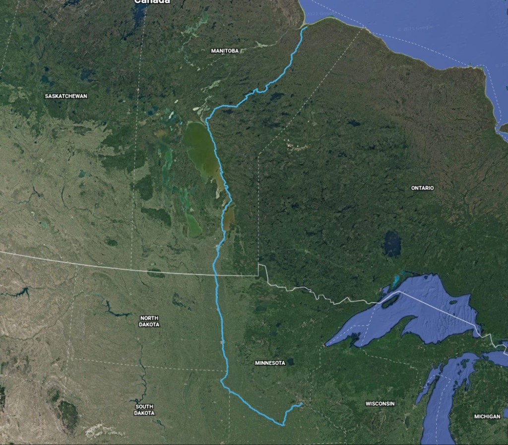 Eklund's route will begin in Minneapolis, Minn. and end in Hudson Bay in the Canadian province of Manitoba. Image: M. Eklund