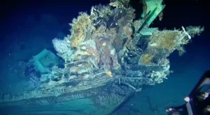 a shipwreck covered with marine life