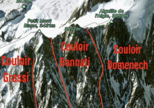 The three steep couloirs that Lafaille and Manners climbed and skied down.