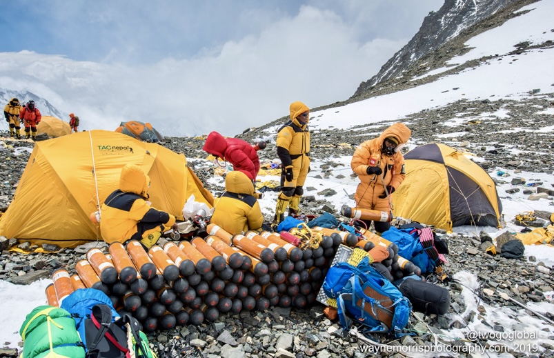 Oxygen cylinders at the high camp on Everest.