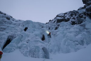 ice climbing at dusk