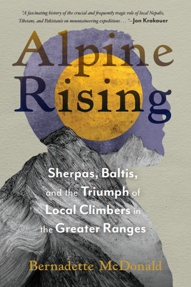 Book cover with a sun rising over mountains framed in the profile of a sherpa's face. 