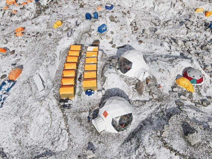 tents in Everest Base Camp as seen from the air. 