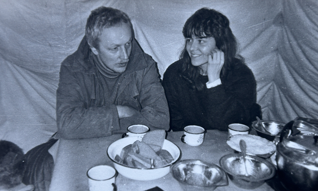The author, right, interviews a scientist at an old Soviet ice station.