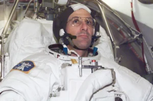 Astronaut Don Pettit in a spacesuit test in 2002.