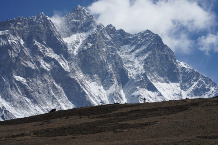 the tiny shillouette of the runner with the huge south face of lhotse as background.