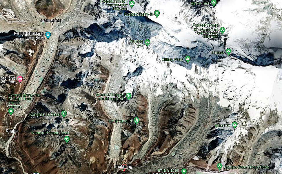 Chukhung village location (bottom center), compared to the Everest-Lhotse group. 