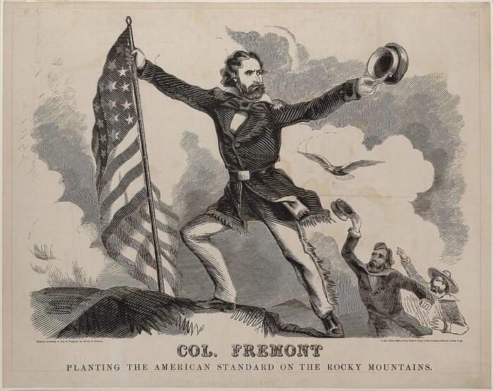 an illustration of a bearded man planting a flag on a mountian top. 