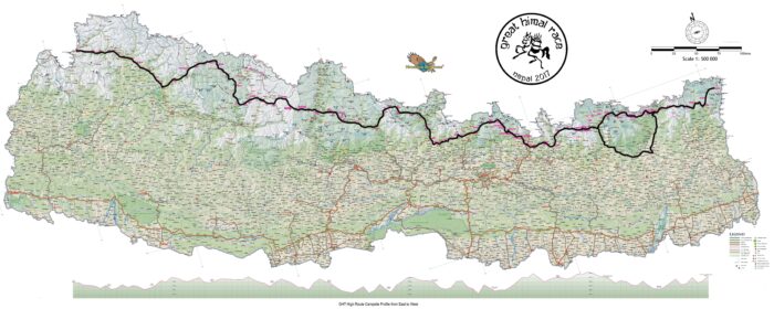 Map of Nepal with the race route marked. 