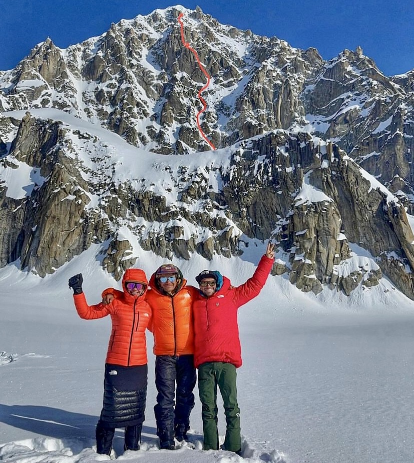 Anna Pfaff, Thomas Bukowski and Andres Marin in front of the south face of Mount Providence.