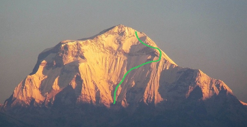 omaz Humar's impressive Mobitel Route on the south face of Dhaulagiri I in 1999.
