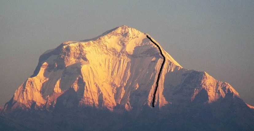 The 1981 Slovenian route on the south face of Dhaulagiri I. 