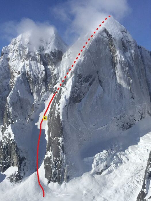 an annotated photo showing the climbing route and rescue location 