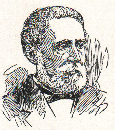 a pen and ink illustration of an older man with a white beard