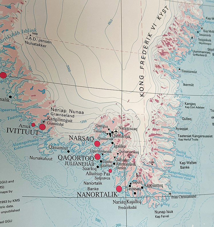 map of southern Greenland, showing the key places in the story