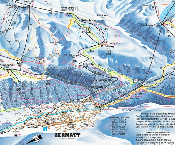 Enlarged map of the Riffelberg area in Zermatt ski resort.