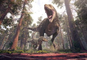 rendering of a T-Rex in an ancient forest