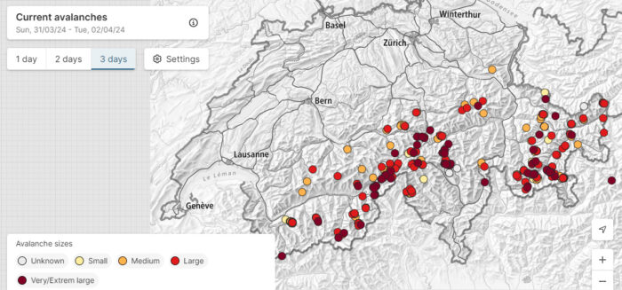 Avalanches signaled on a map of Switzerland. 