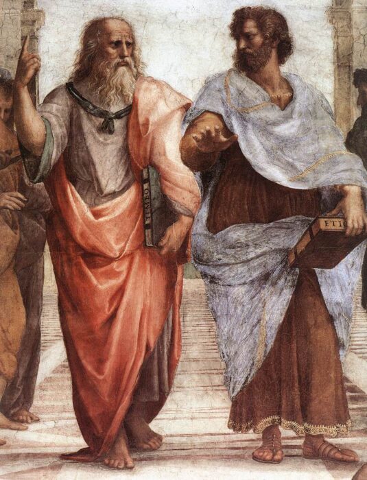 15th century painting of an elderly plato and young aristotle