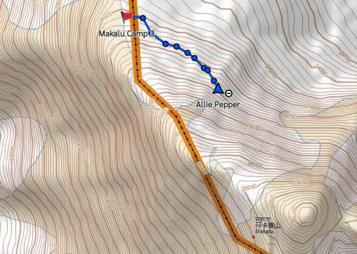 Pepper's tracker showing her location on Makalu on a Google maps graphic. 