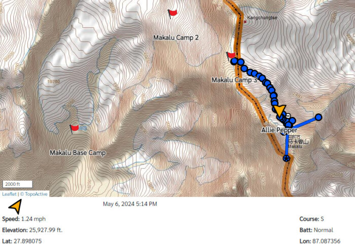 Tracker showing the location of Allie Pepper on Makalu on Goggle maps