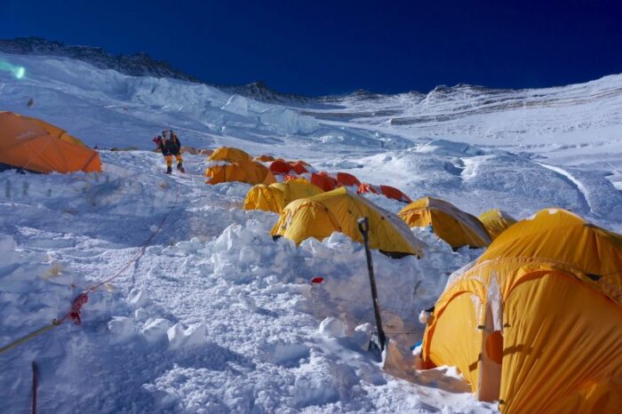 Tents in Camp 3 with Lhotse above and lots of snow