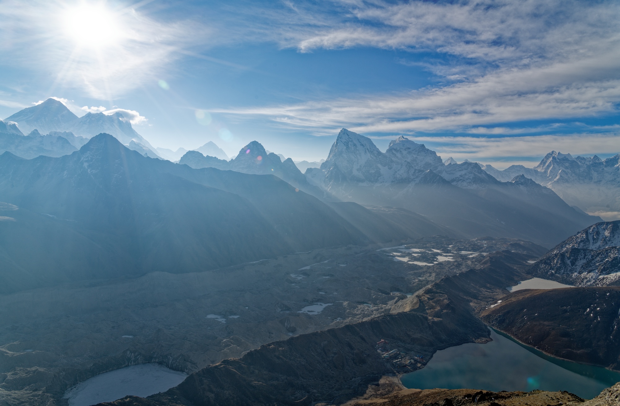 Sunrise over Everest from Gokyo Ri. Gokyo village is on the edge of the lake in the bottom right. 