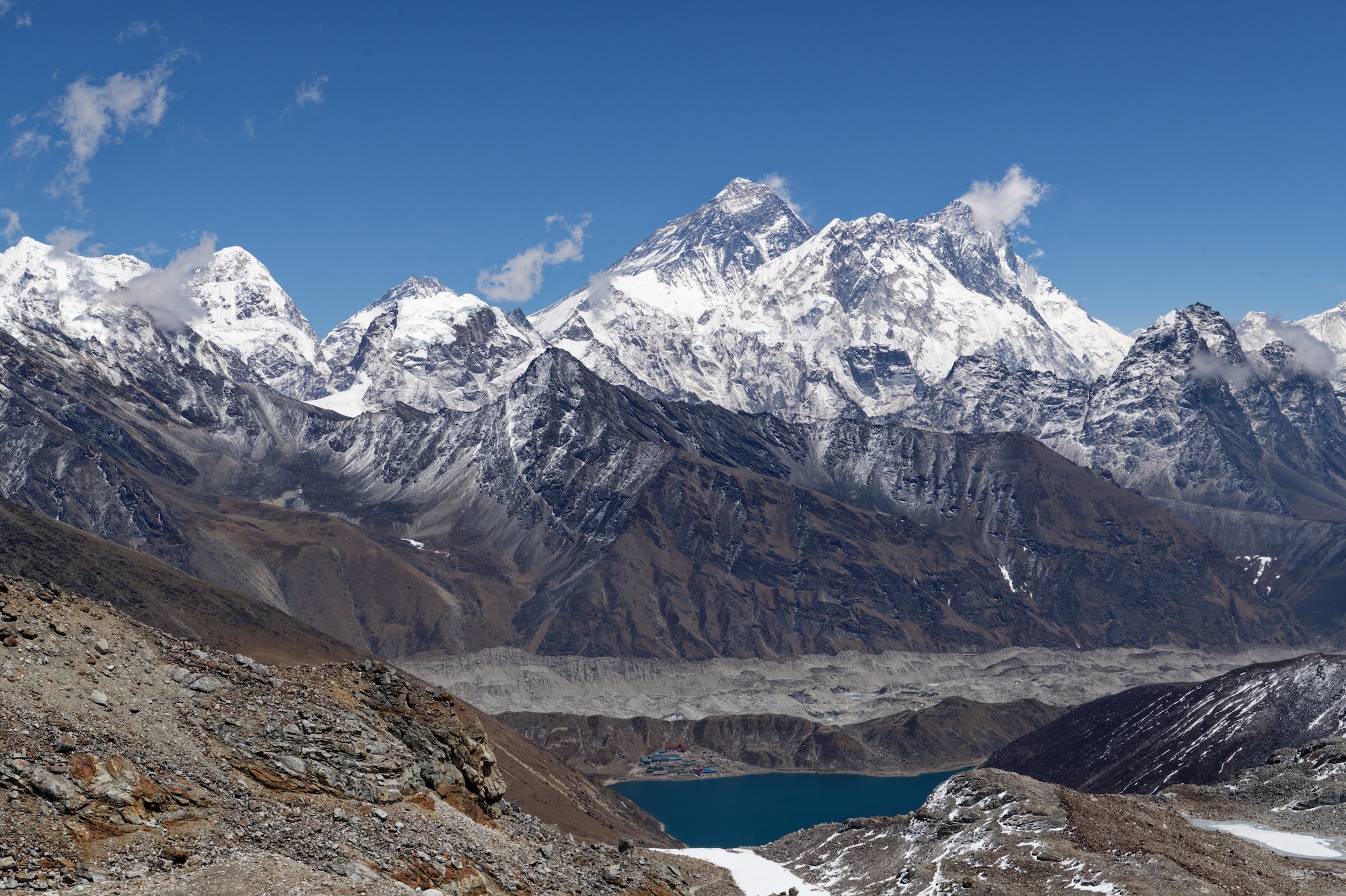 The view from Renjo La, back toward Gokyo with Everest looming. 