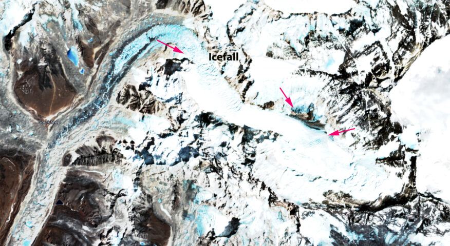 Sentinel satellite image showing Everest and the Khumbu glacier with areas in blue ice marked