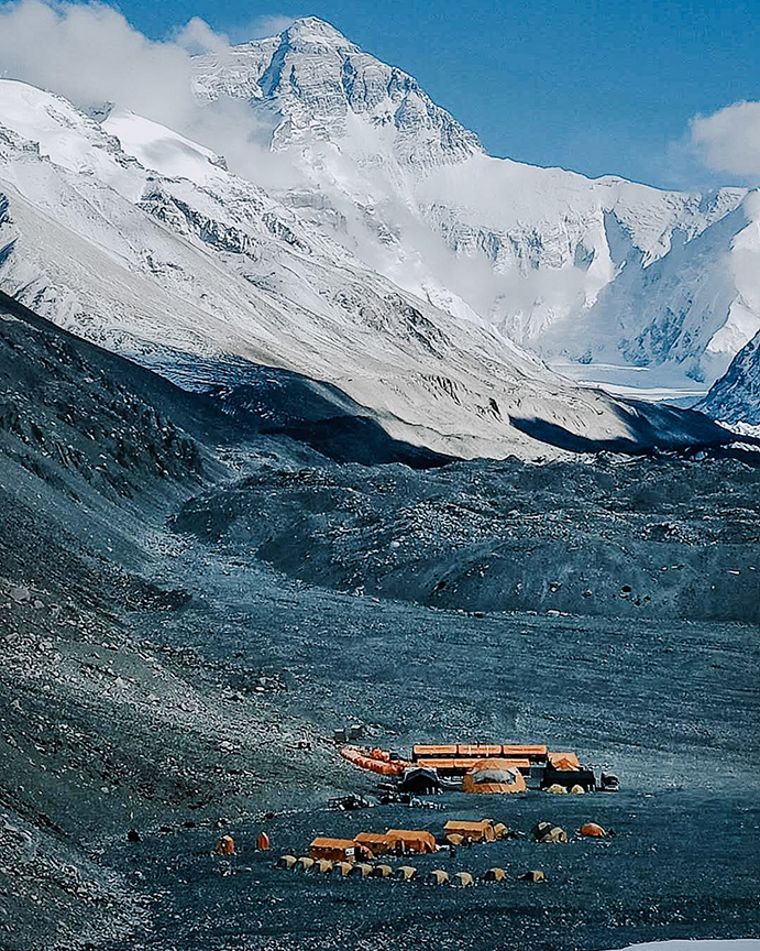 The north side of Everest and the Rongbuk glacier at its foot, with the tents of Base Camp.