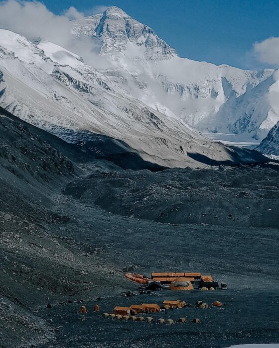 The north side of Everest and the Rongbuk glacier at its feet, with the tents of Base Camp.