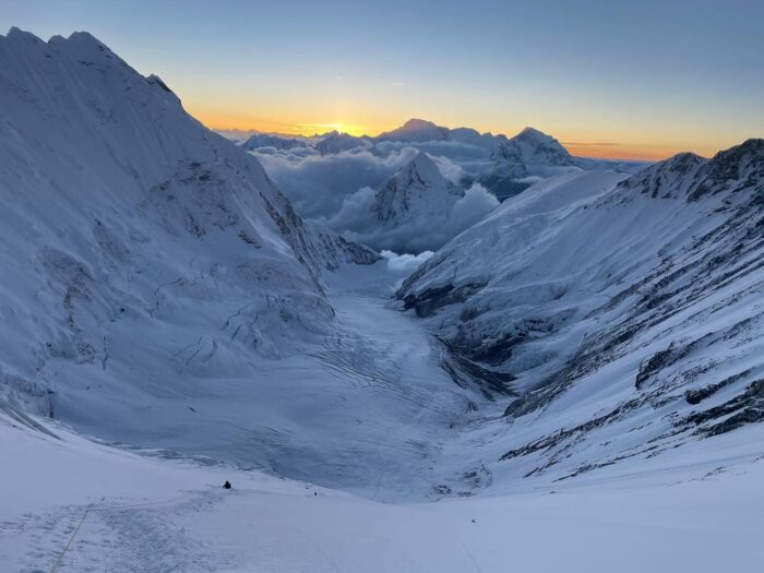 View of Everest Western Cwn from the Lhotse face at sunset