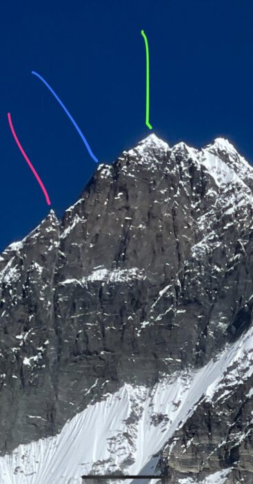 Lhotse South Face, summit area, with potential exit point between characteristic rock features