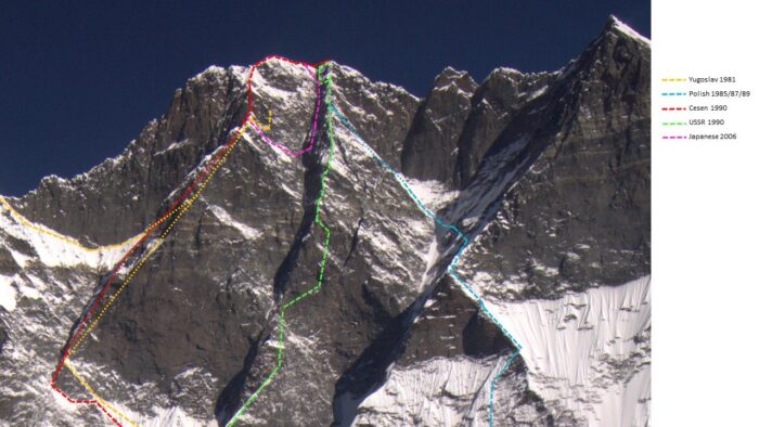 Lhotse south face with attempted routes marked. 