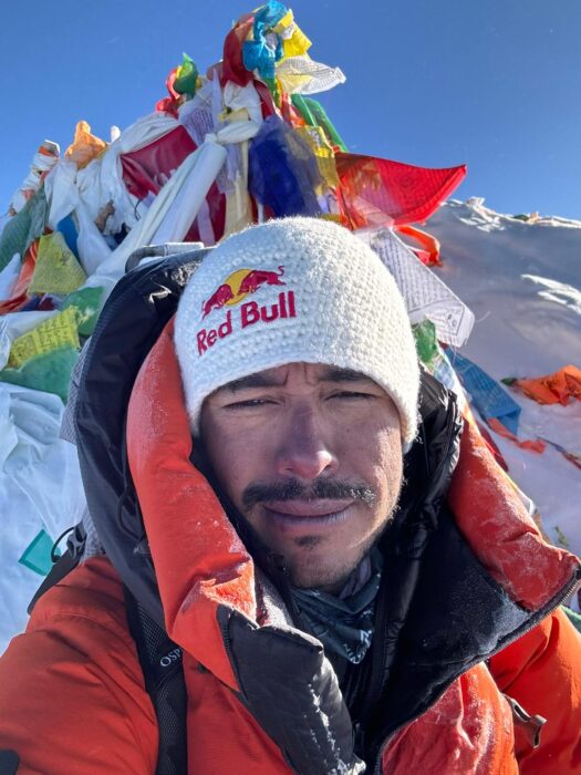 Close shot of Nims without mask on the summit of Everest in 2024