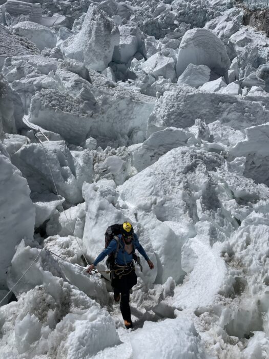 Howell progresses among broken ice at Everest Khumbu Icefall