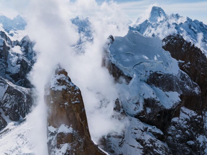 Trango Nameless tower and trango II from the summit of Great Trango Tower