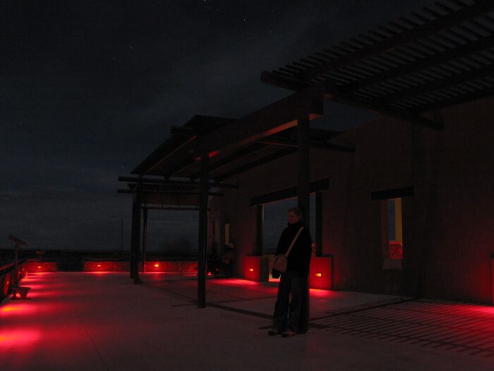 the marfa lights viewing platform, illuminated by red lights