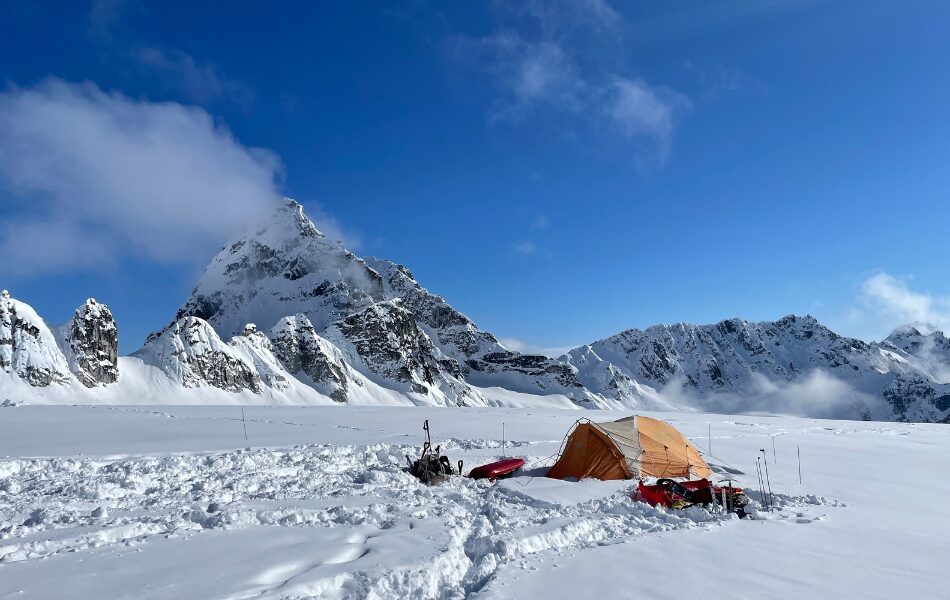 A mountaineering tent is pitches on the Eldridge Glacier in the Alaska Range.