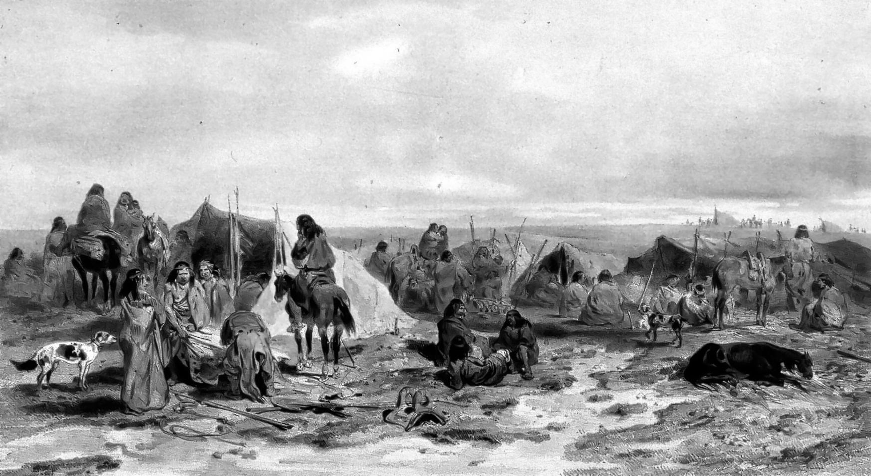 An illustration of a Patagonian encampment; from an account by French explorer Jules Dumont d'Urville (1840s).