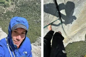 left: male climber on wall wearing blue jacket. Right: photo from high spot on rock wall by climber with legs in frame
