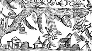 an engraving of a rain of fish